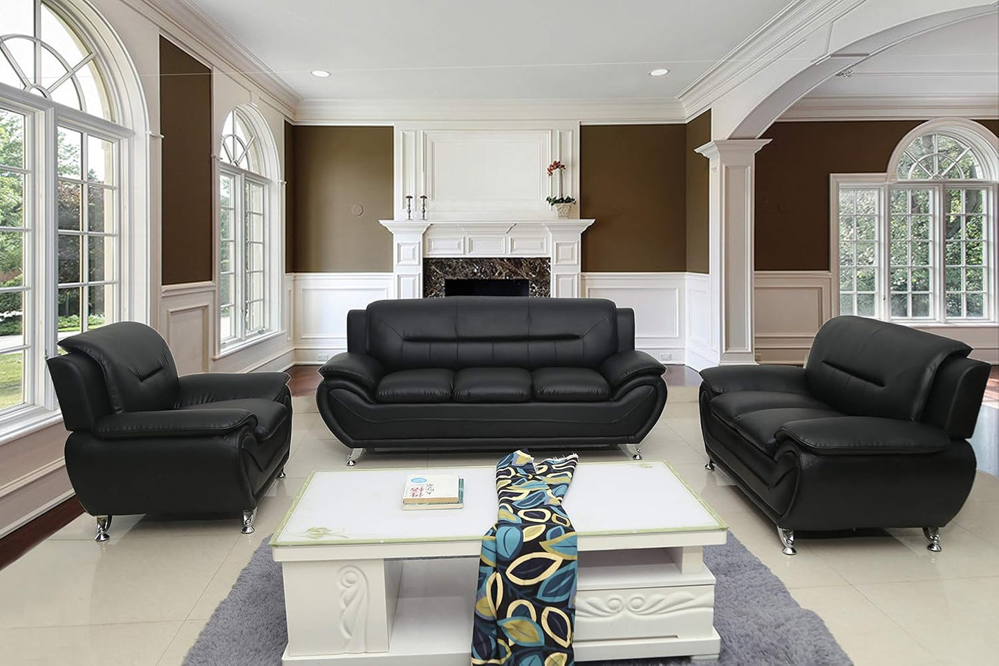 3PCS Modern Faux Leather Sofa Set – Red & Black Sofa, Loveseat, and Armchair with Chrome Legs for Contemporary Living Room