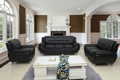 3PCS Modern Faux Leather Sofa Set – Red & Black Sofa, Loveseat, and Armchair with Chrome Legs for Contemporary Living Room