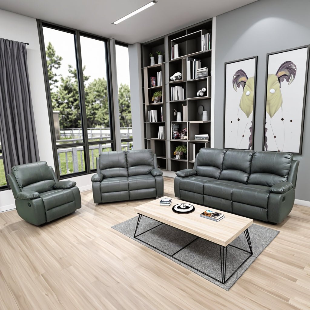 3 - Piece Manual Reclining Sofa Set 3 - 2 - 1 – Air Leather with Reclining Sofa, Loveseat & Chair – FF6033 Series - with Manual Reclining Sofa Set 3 - 2 - 1 – Gray Air Leather Reclining Loveseat | Sold by Uncle Wiener's Wholesale