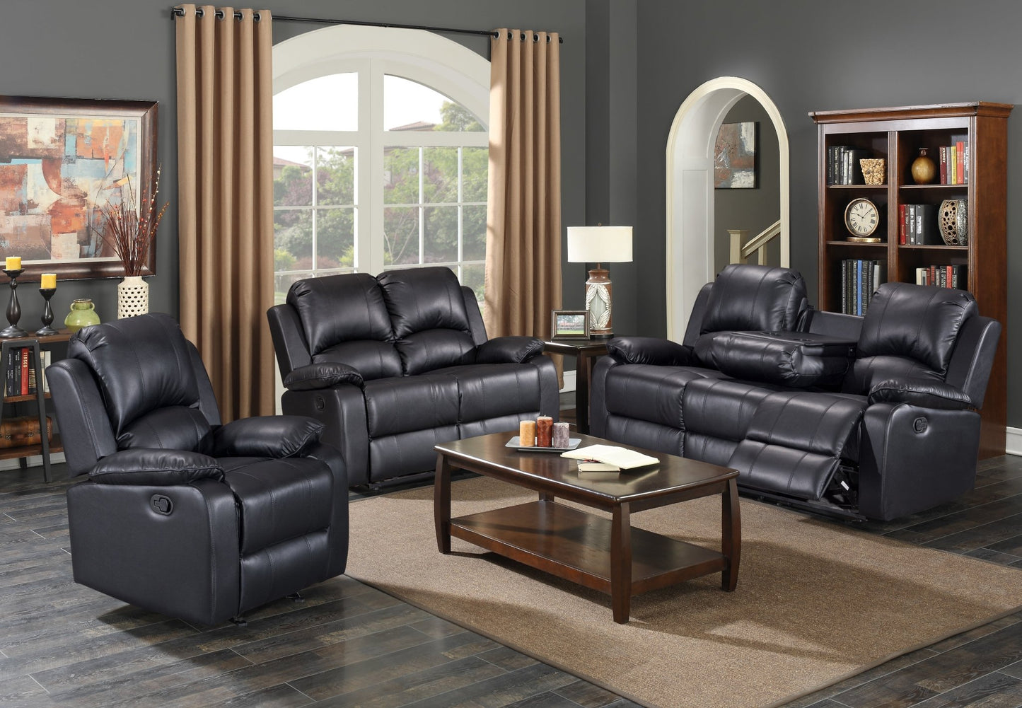 3 - Piece Manual Reclining Sofa Set 3 - 2 - 1 – Air Leather with Reclining Sofa, Loveseat & Chair – FF6033 Series - with Manual Reclining Sofa Set 3 - 2 - 1 – Black Air Leather with Glider Loveseat | Sold by Uncle Wiener's Wholesale