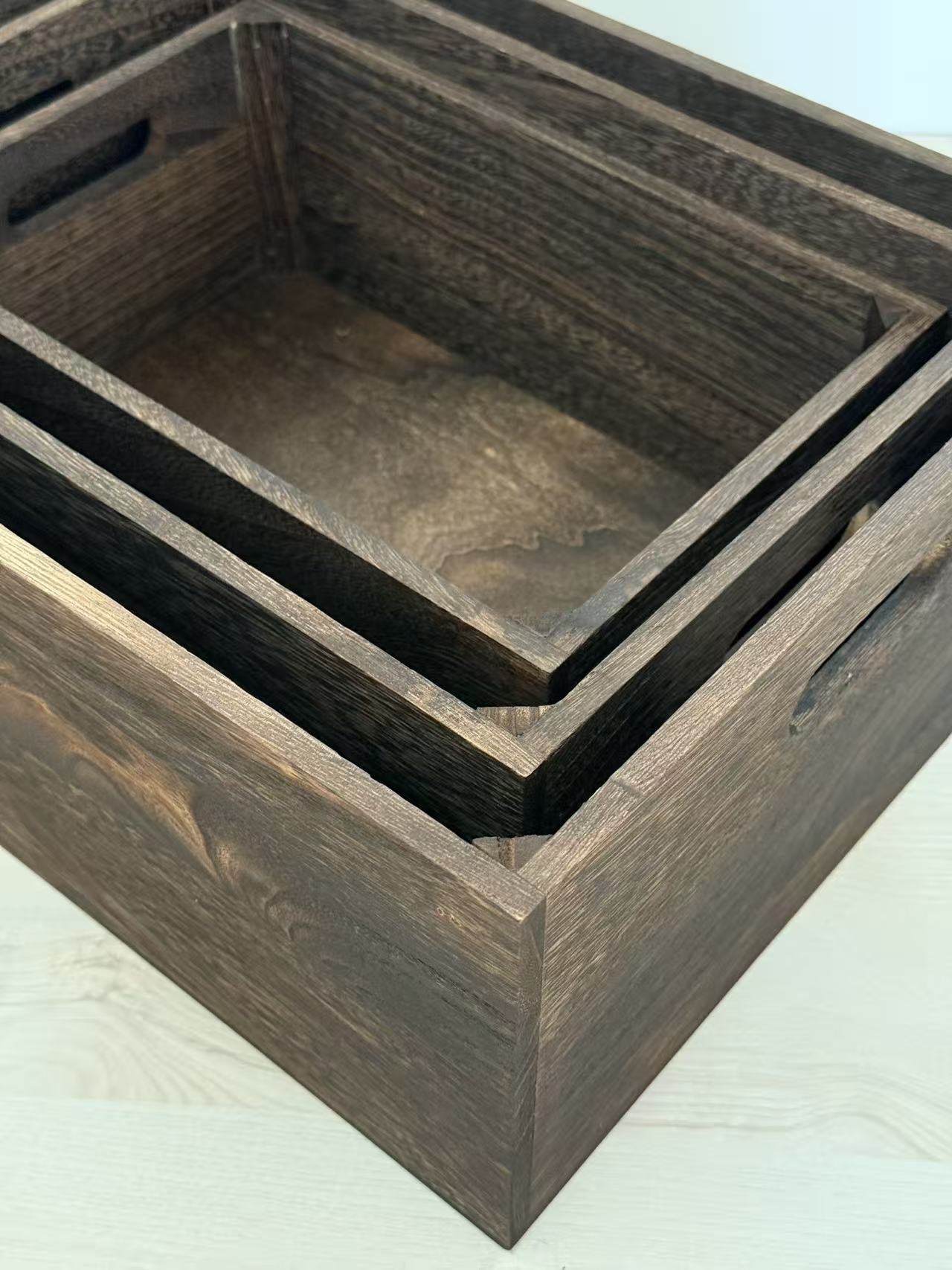 3-Piece Rustic Wooden Storage Crate Set Nesting Organizer Boxes with Handles 16″ Farmhouse Style CRATE - with | Sold by Uncle Wiener's Wholesale