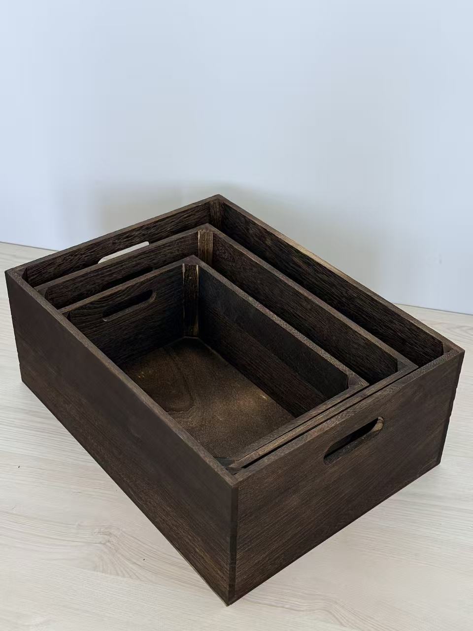 3-Piece Rustic Wooden Storage Crate Set Nesting Organizer Boxes with Handles 16″ Farmhouse Style CRATE - with | Sold by Uncle Wiener's Wholesale