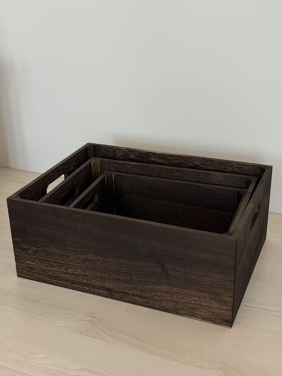 3-Piece Rustic Wooden Storage Crate Set Nesting Organizer Boxes with Handles 16″ Farmhouse Style CRATE - with | Sold by Uncle Wiener's Wholesale