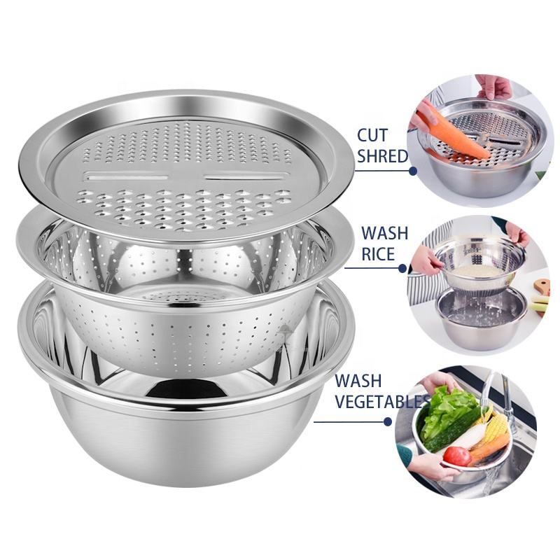 3 Piece Stainless Steel Grater Bowl Set with Draining Basin and Rice Washing Sieve M0423 - with | Sold by Uncle Wiener's Wholesale