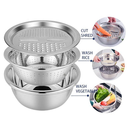 3 Piece Stainless Steel Grater Bowl Set with Draining Basin and Rice Washing Sieve M0423 - with | Sold by Uncle Wiener's Wholesale