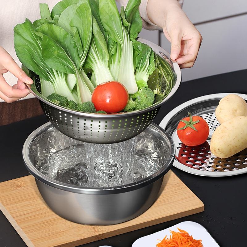 3 Piece Stainless Steel Grater Bowl Set with Draining Basin and Rice Washing Sieve M0423 - with | Sold by Uncle Wiener's Wholesale
