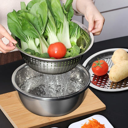 3 Piece Stainless Steel Grater Bowl Set with Draining Basin and Rice Washing Sieve M0423 - with | Sold by Uncle Wiener's Wholesale