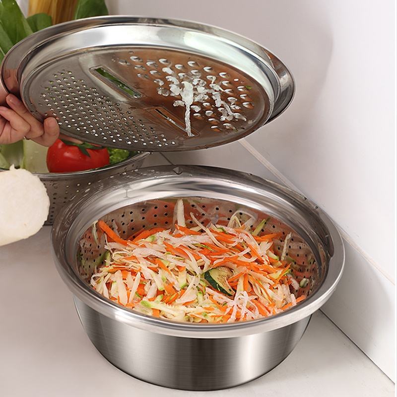 3 Piece Stainless Steel Grater Bowl Set with Draining Basin and Rice Washing Sieve M0423 - with | Sold by Uncle Wiener's Wholesale