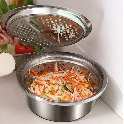 3 Piece Stainless Steel Grater Bowl Set with Draining Basin and Rice Washing Sieve M0423 - with | Sold by Uncle Wiener's Wholesale