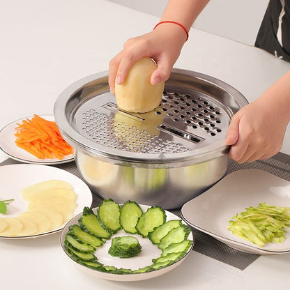 3 Piece Stainless Steel Grater Bowl Set with Draining Basin and Rice Washing Sieve M0423 - with | Sold by Uncle Wiener's Wholesale