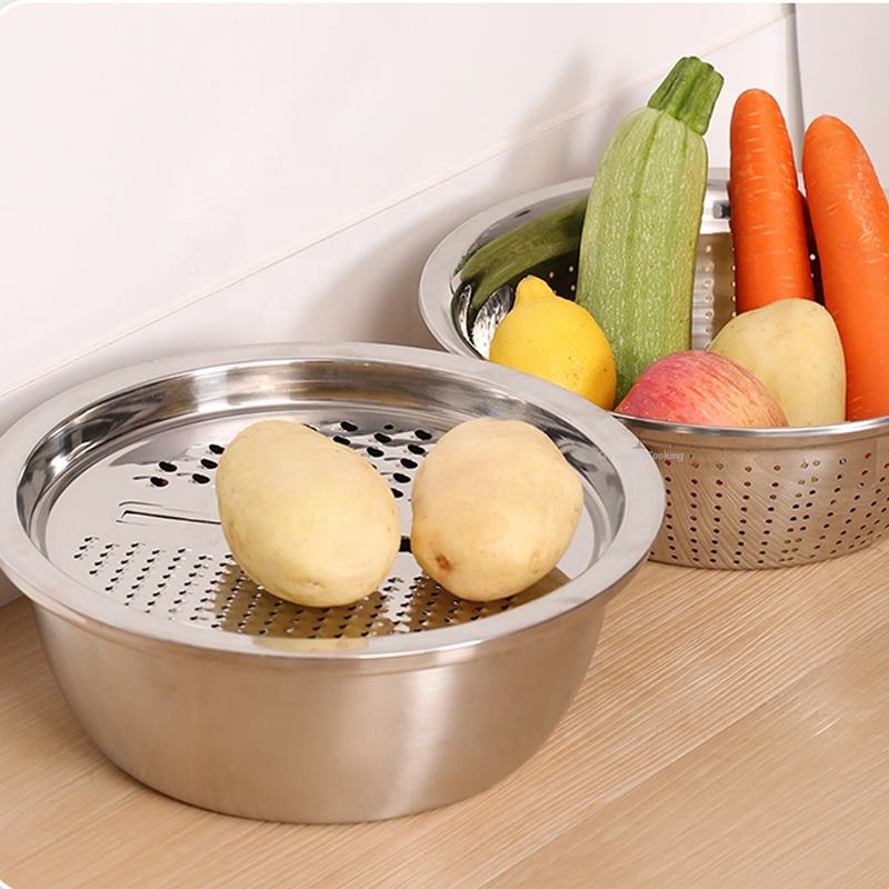 3 Piece Stainless Steel Grater Bowl Set with Draining Basin and Rice Washing Sieve M0423 - with | Sold by Uncle Wiener's Wholesale