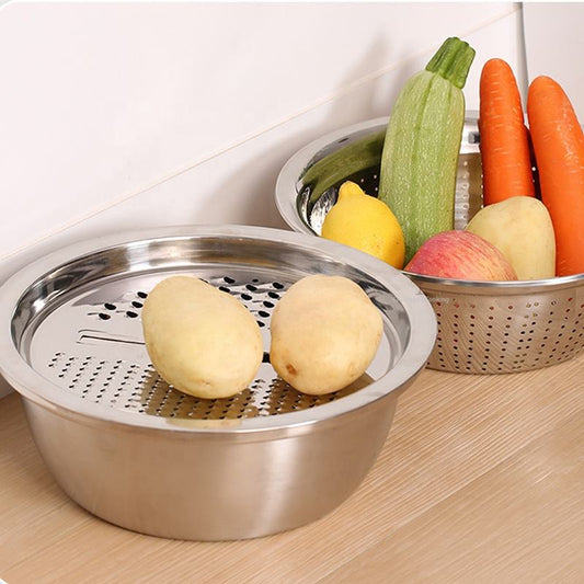 3 Piece Stainless Steel Grater Bowl Set with Draining Basin and Rice Washing Sieve M0423 - with | Sold by Uncle Wiener's Wholesale