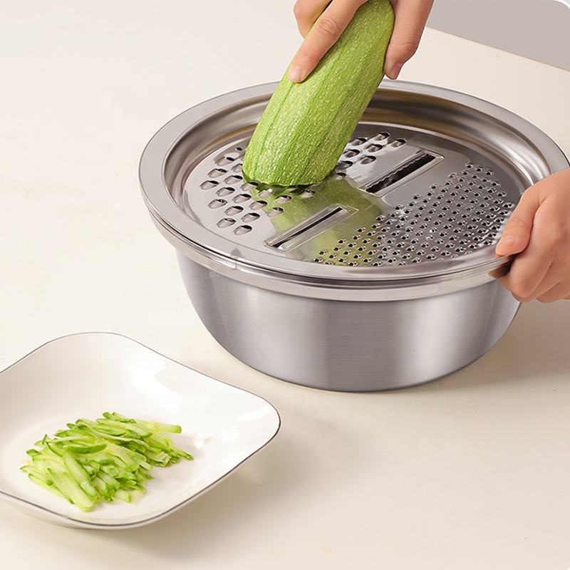 3 Piece Stainless Steel Grater Bowl Set with Draining Basin and Rice Washing Sieve M0423 - with | Sold by Uncle Wiener's Wholesale