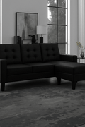 Reversible black sectional sofa in small apartment

Brown 3-seater L-shaped couch in modern room

White PU leather couch with chaise on right

Compact living room with small space sectional