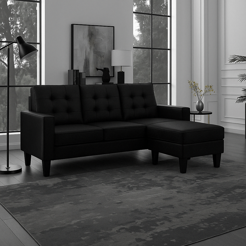 Reversible black sectional sofa in small apartment

Brown 3-seater L-shaped couch in modern room

White PU leather couch with chaise on right

Compact living room with small space sectional