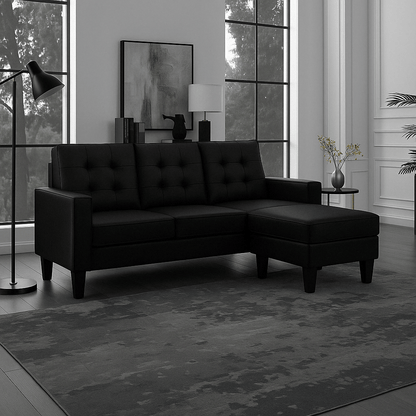 Reversible black sectional sofa in small apartment

Brown 3-seater L-shaped couch in modern room

White PU leather couch with chaise on right

Compact living room with small space sectional