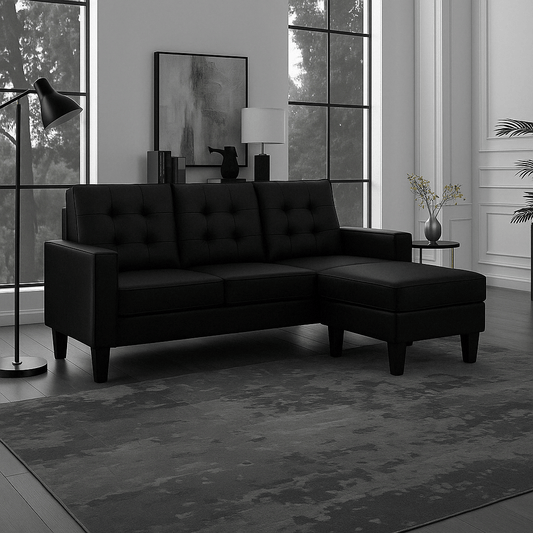 Reversible black sectional sofa in small apartment

Brown 3-seater L-shaped couch in modern room

White PU leather couch with chaise on right

Compact living room with small space sectional