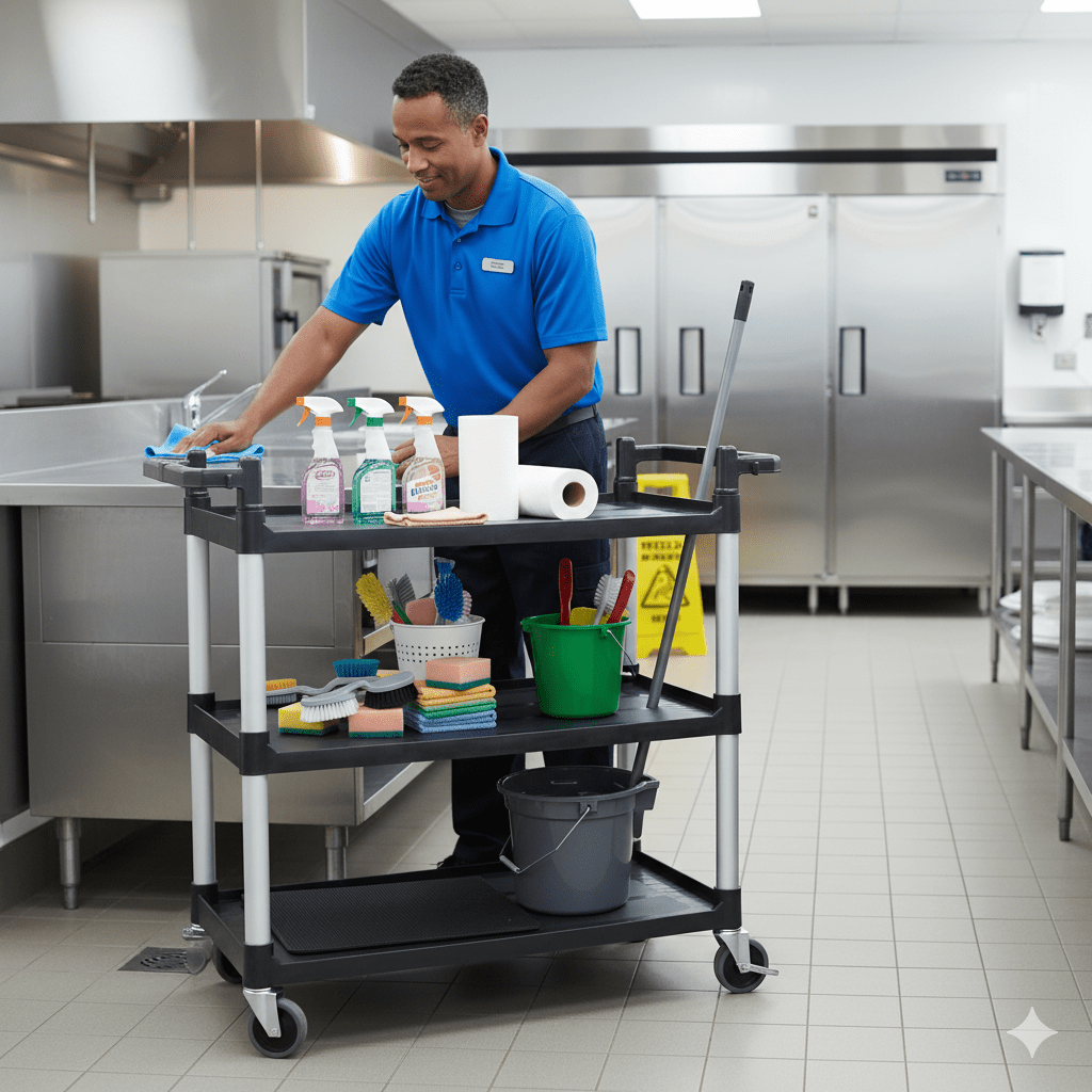 3 - Shelf Utility Janitorial Cart with Aluminum Handle – UP103BD - with | Sold by Uncle Wiener's Wholesale