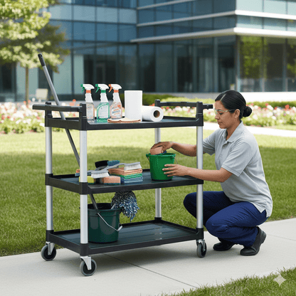3 - Shelf Utility Janitorial Cart with Aluminum Handle – UP103BD - with | Sold by Uncle Wiener's Wholesale