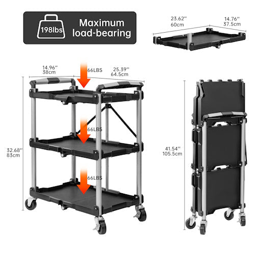 3-Tier Foldable Utility Service Cart 165 lb Capacity with Wheels for Garage, Warehouse, Office, Restaurant & Tool Storage AMTPT383 - with | Sold by Uncle Wiener's Wholesale