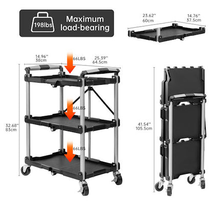 3-Tier Foldable Utility Service Cart 165 lb Capacity with Wheels for Garage, Warehouse, Office, Restaurant & Tool Storage AMTPT383 - with | Sold by Uncle Wiener's Wholesale