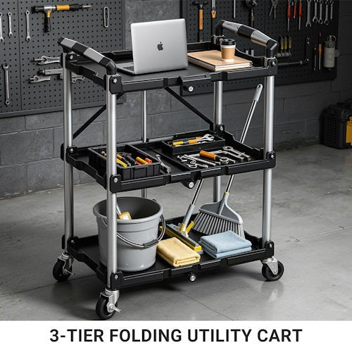 3-Tier Foldable Utility Service Cart 165 lb Capacity with Wheels for Garage, Warehouse, Office, Restaurant & Tool Storage AMTPT383 - with | Sold by Uncle Wiener's Wholesale