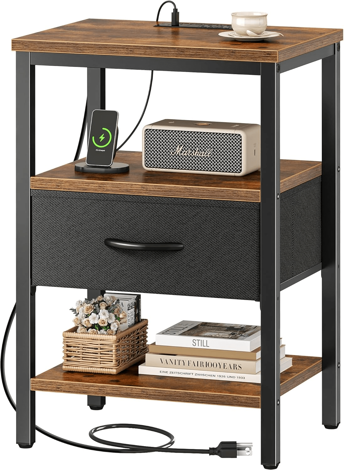 3-Tier Nightstand End Table with Charging Station, Fabric Drawer & Rustic Wood Shelves DC040B - with | Sold by Uncle Wiener's Wholesale