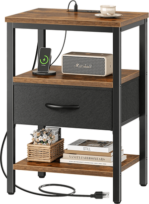 3-Tier Nightstand End Table with Charging Station, Fabric Drawer & Rustic Wood Shelves DC040B