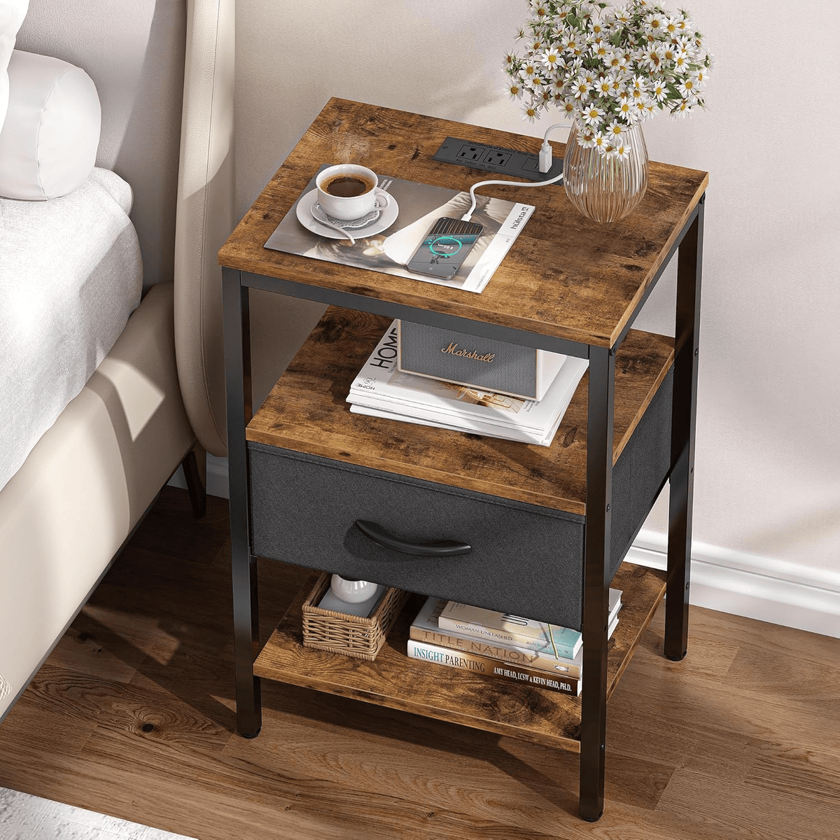 3-Tier Nightstand End Table with Charging Station, Fabric Drawer & Rustic Wood Shelves DC040B - with | Sold by Uncle Wiener's Wholesale