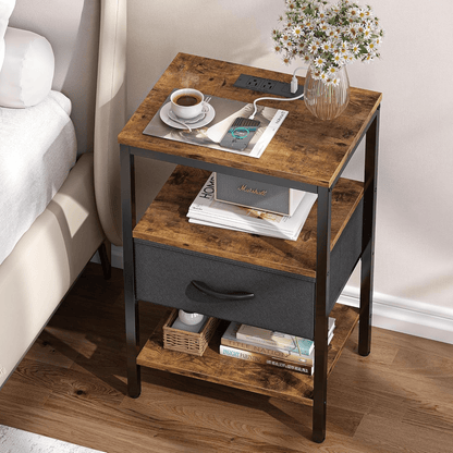 3-Tier Nightstand End Table with Charging Station, Fabric Drawer & Rustic Wood Shelves DC040B - with | Sold by Uncle Wiener's Wholesale