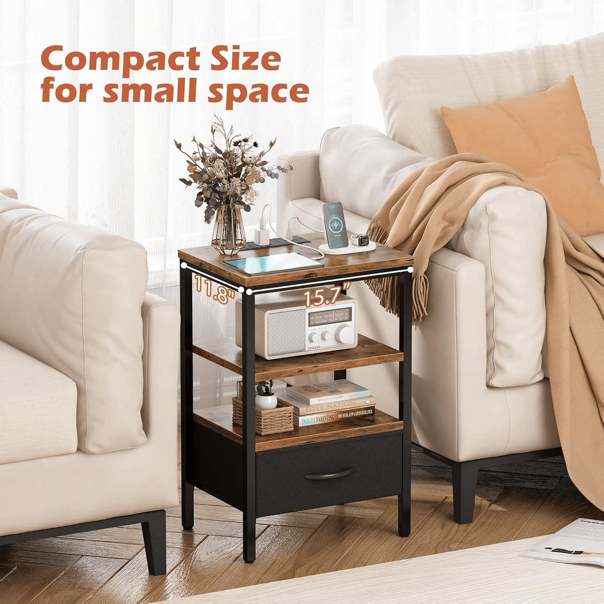 3-Tier Nightstand End Table with Charging Station, Fabric Drawer & Rustic Wood Shelves DC040B - with | Sold by Uncle Wiener's Wholesale