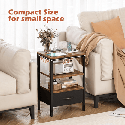 3-Tier Nightstand End Table with Charging Station, Fabric Drawer & Rustic Wood Shelves DC040B - with | Sold by Uncle Wiener's Wholesale