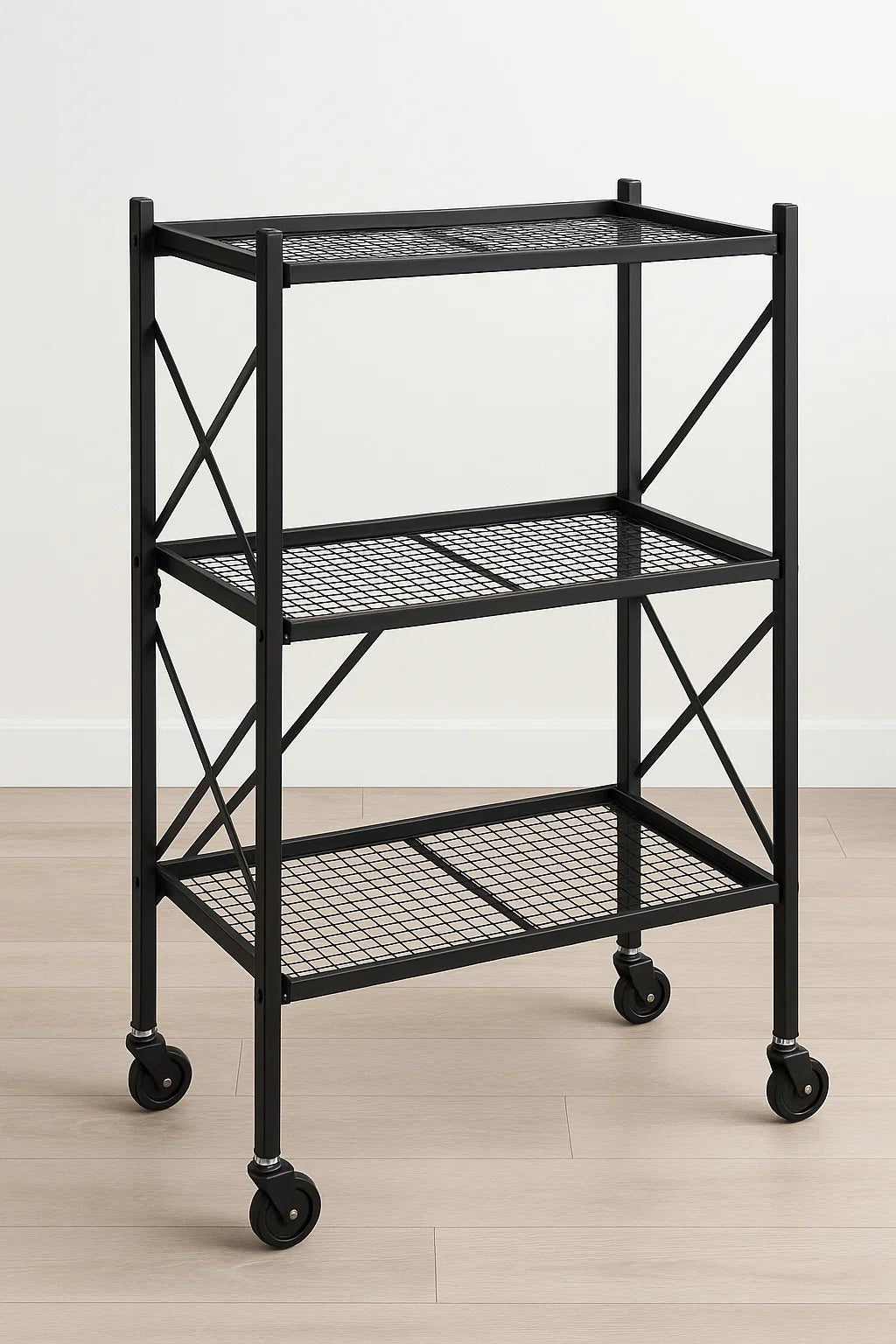 3 - Tier Rolling Kitchen Storage Rack – Foldable Black Metal Shelf Organizer | SKU: AMMTR3 - with | Sold by Uncle Wiener's Wholesale