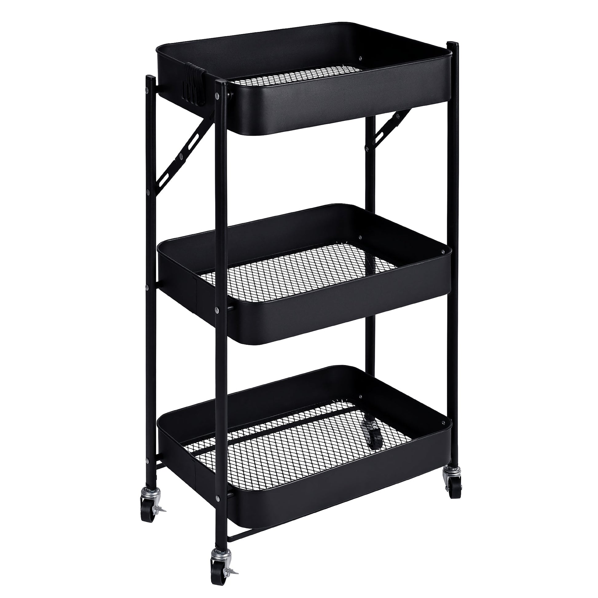 3-Tier Rolling Kitchen Storage Rack – Foldable Black Metal Shelf Organizer | SKU: AMMTR3 - Kitchen Appliances with | Sold by Uncle Wiener's Wholesale