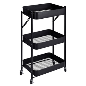 3-Tier Rolling Kitchen Storage Rack – Foldable Black Metal Shelf Organizer | SKU: AMMTR3