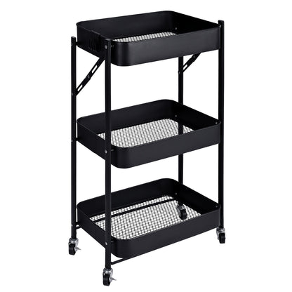3-Tier Rolling Kitchen Storage Rack – Foldable Black Metal Shelf Organizer | SKU: AMMTR3 - Kitchen Appliances with | Sold by Uncle Wiener's Wholesale