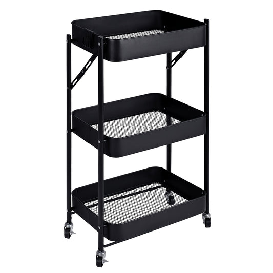 3-Tier Rolling Kitchen Storage Rack – Foldable Black Metal Shelf Organizer | SKU: AMMTR3 - Kitchen Appliances with | Sold by Uncle Wiener's Wholesale