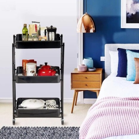 3-Tier Rolling Kitchen Storage Rack – Foldable Black Metal Shelf Organizer | SKU: AMMTR3 - Kitchen Appliances with | Sold by Uncle Wiener's Wholesale