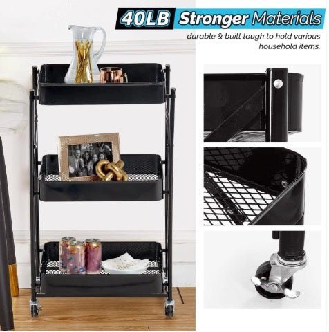 3-Tier Rolling Kitchen Storage Rack – Foldable Black Metal Shelf Organizer | SKU: AMMTR3 - Kitchen Appliances with | Sold by Uncle Wiener's Wholesale