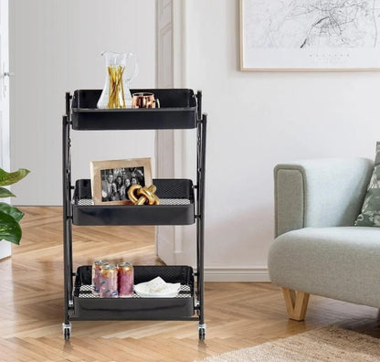 3-Tier Rolling Kitchen Storage Rack – Foldable Black Metal Shelf Organizer | SKU: AMMTR3 - Kitchen Appliances with | Sold by Uncle Wiener's Wholesale