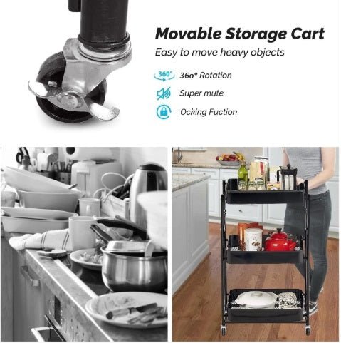 3-Tier Rolling Kitchen Storage Rack – Foldable Black Metal Shelf Organizer | SKU: AMMTR3 - Kitchen Appliances with | Sold by Uncle Wiener's Wholesale