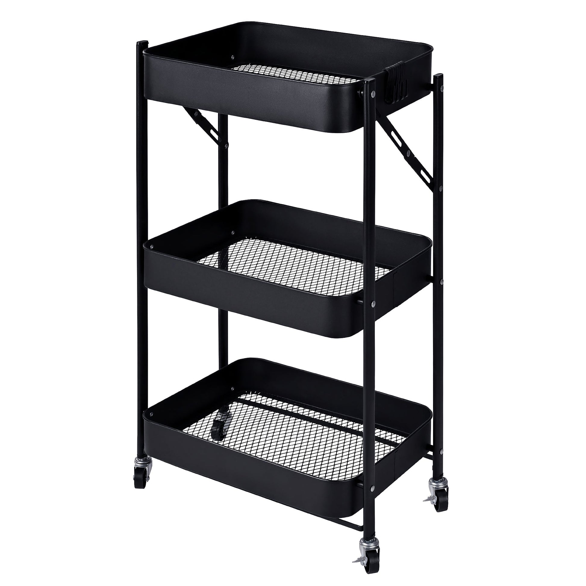 3-Tier Rolling Kitchen Storage Rack – Foldable Black Metal Shelf Organizer | SKU: AMMTR3 - Kitchen Appliances with | Sold by Uncle Wiener's Wholesale