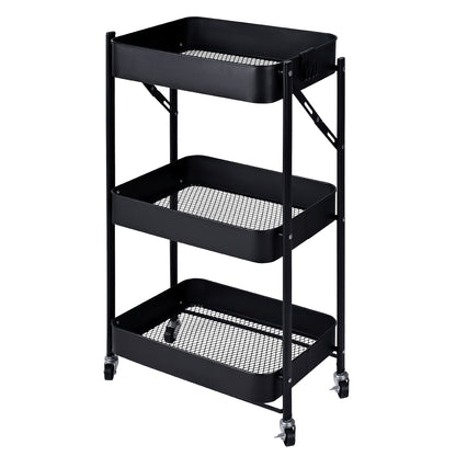 3-Tier Rolling Kitchen Storage Rack – Foldable Black Metal Shelf Organizer | SKU: AMMTR3 - Kitchen Appliances with | Sold by Uncle Wiener's Wholesale