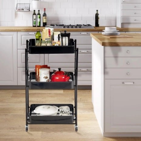 3-Tier Rolling Kitchen Storage Rack – Foldable Black Metal Shelf Organizer | SKU: AMMTR3 - Kitchen Appliances with | Sold by Uncle Wiener's Wholesale