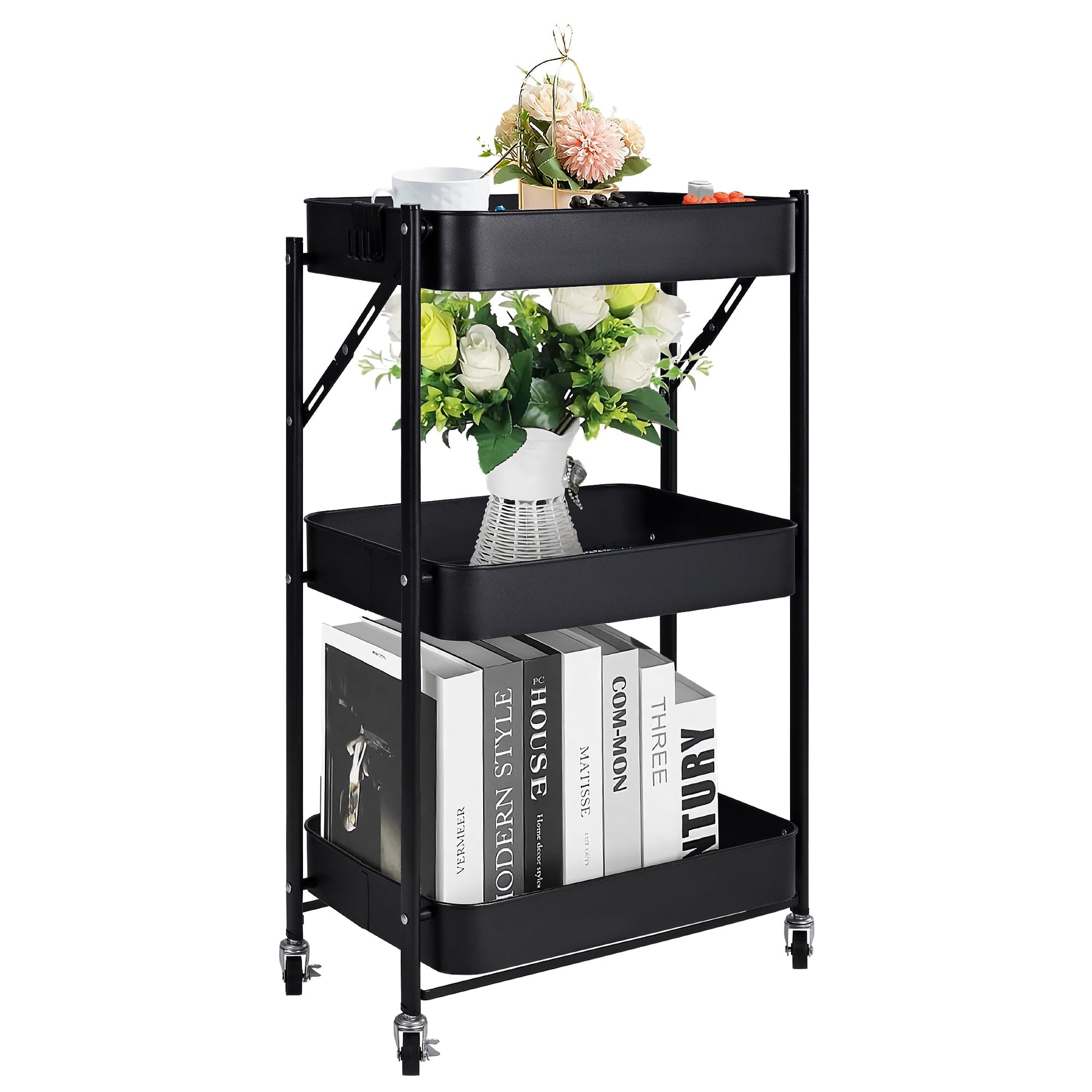 3-Tier Rolling Kitchen Storage Rack – Foldable Black Metal Shelf Organizer | SKU: AMMTR3 - Kitchen Appliances with | Sold by Uncle Wiener's Wholesale