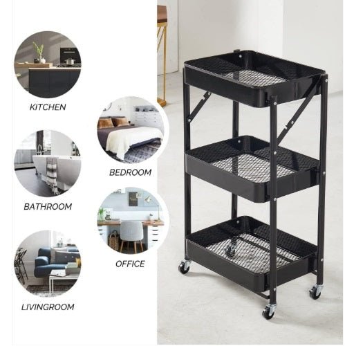 3-Tier Rolling Kitchen Storage Rack – Foldable Black Metal Shelf Organizer | SKU: AMMTR3 - Kitchen Appliances with | Sold by Uncle Wiener's Wholesale