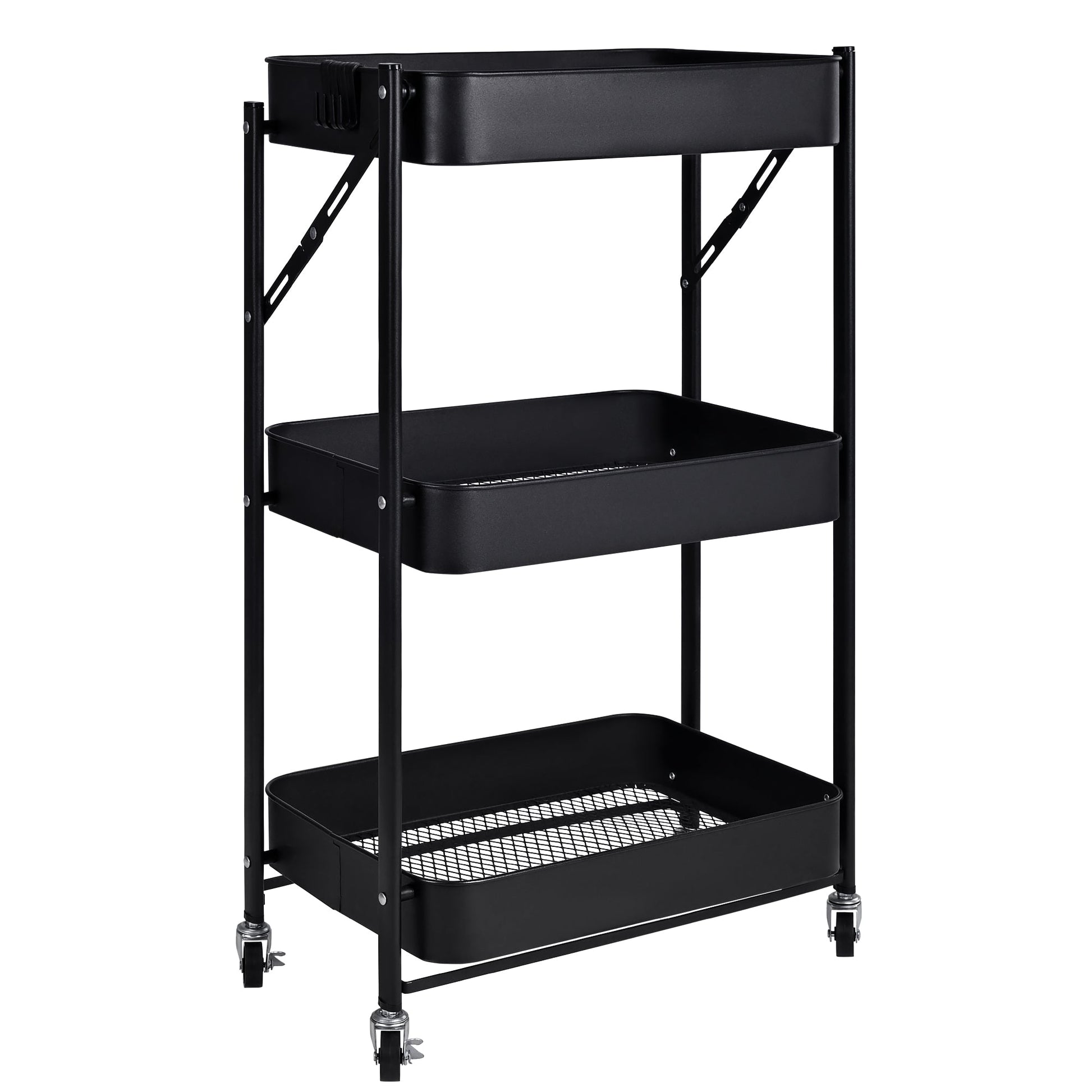 3-Tier Rolling Kitchen Storage Rack – Foldable Black Metal Shelf Organizer | SKU: AMMTR3 - Kitchen Appliances with | Sold by Uncle Wiener's Wholesale
