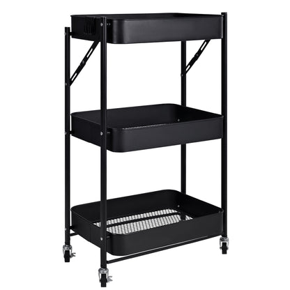 3-Tier Rolling Kitchen Storage Rack – Foldable Black Metal Shelf Organizer | SKU: AMMTR3 - Kitchen Appliances with | Sold by Uncle Wiener's Wholesale