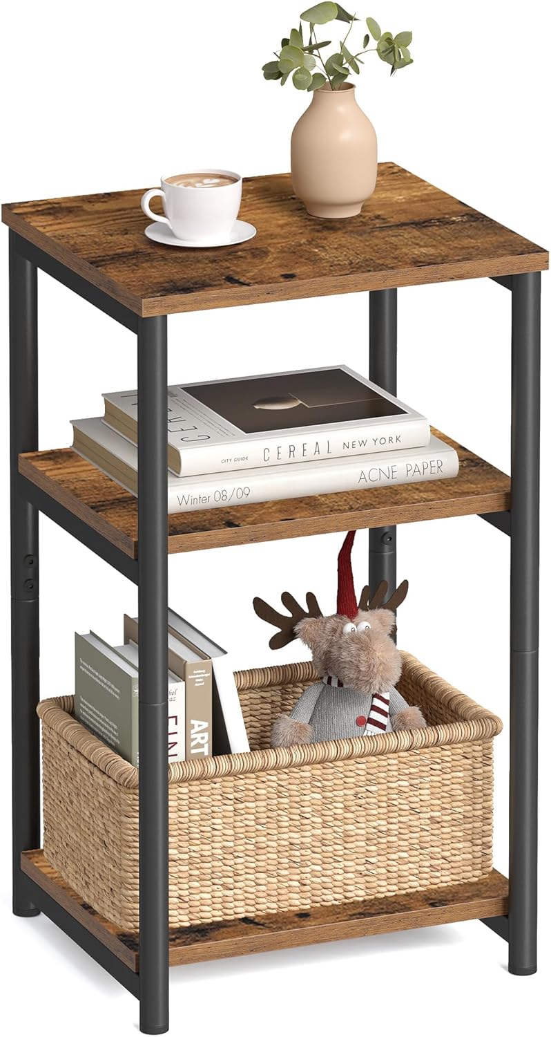 3 Tier Side Table with Storage Shelves, Tall End Table for Living Room, Bedroom, Office and Bathroom Rustic Brown and Ink Black LET273B01 - with | Sold by Uncle Wiener's Wholesale