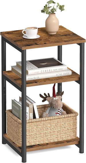3 Tier Side Table with Storage Shelves, Tall End Table for Living Room, Bedroom, Office and Bathroom Rustic Brown and Ink Black LET273B01